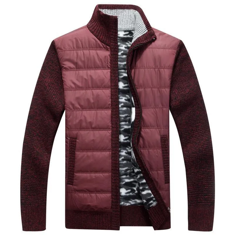 パッチワークの男性セーターコート厚いウールジッパーメンズカーディガンスタンドカラースリムフィットウォームメンズニットセータージャケット男性服210524