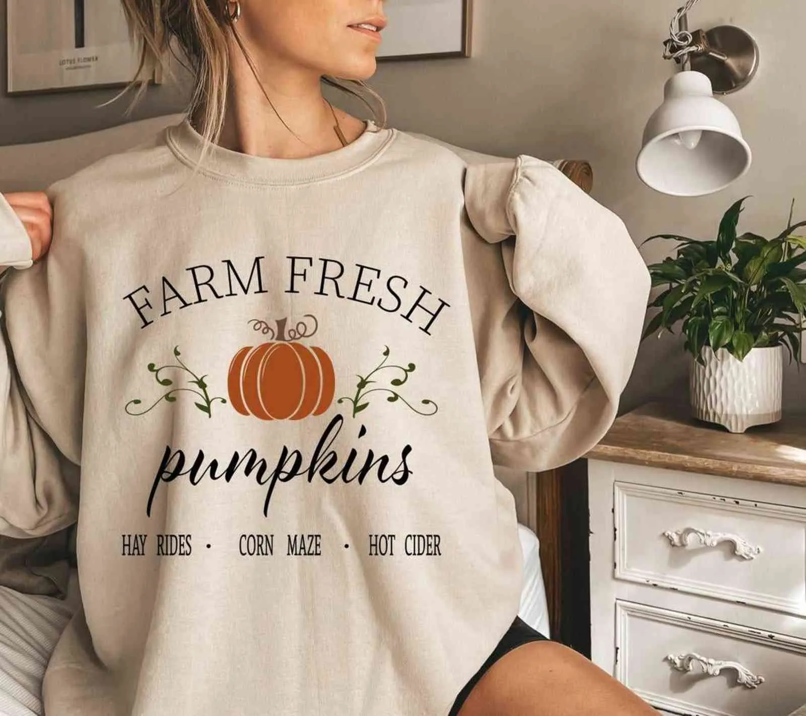 Upadek Bluza Farm Fresh Pumpkins Bluza Unisex Ins Moda Crewneck Koszula Para Halloween Klasyczny Festiwal Top 211108