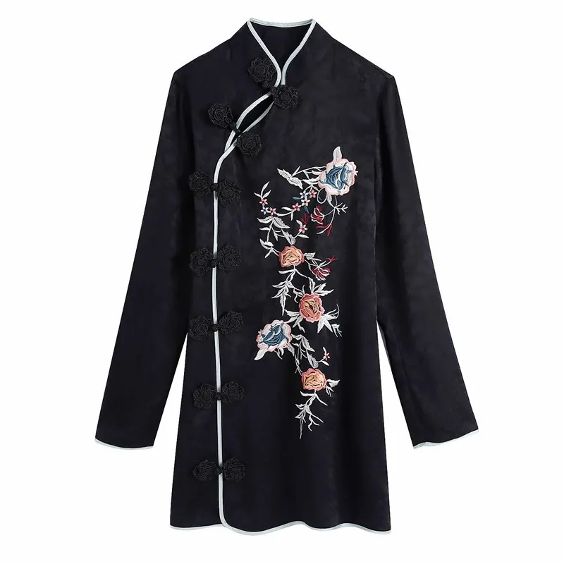 Jacquard Embroidered Black Dress Women Long Sleeve Elegant Mini es Woman Chinese Style Floral Vintage 210519