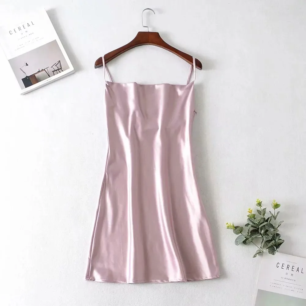 2020 Sexy Slash Collar Backless Bright Satin Sling Dress Woman Vintage Spaghetti Strap A line Like Silk Short Base Dress Sling X0521