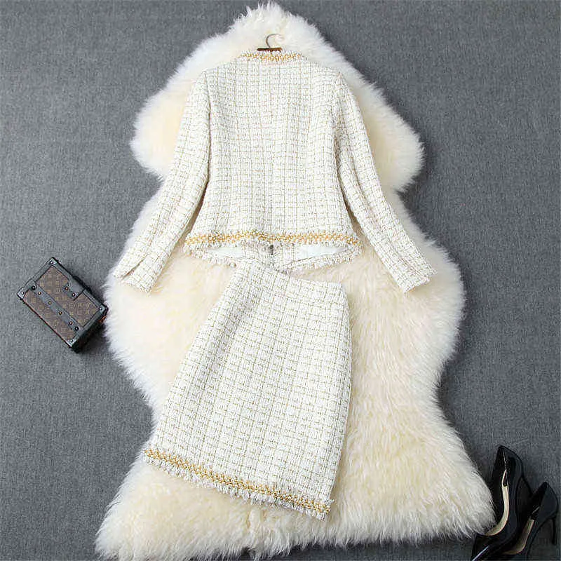 Top Brand Fashion Riche Robe Suit Women's Automne Wincm Winter Luxury Pearls Perls en tweed Veste en laine et jupe 2 pièces Set Tenfit 211119
