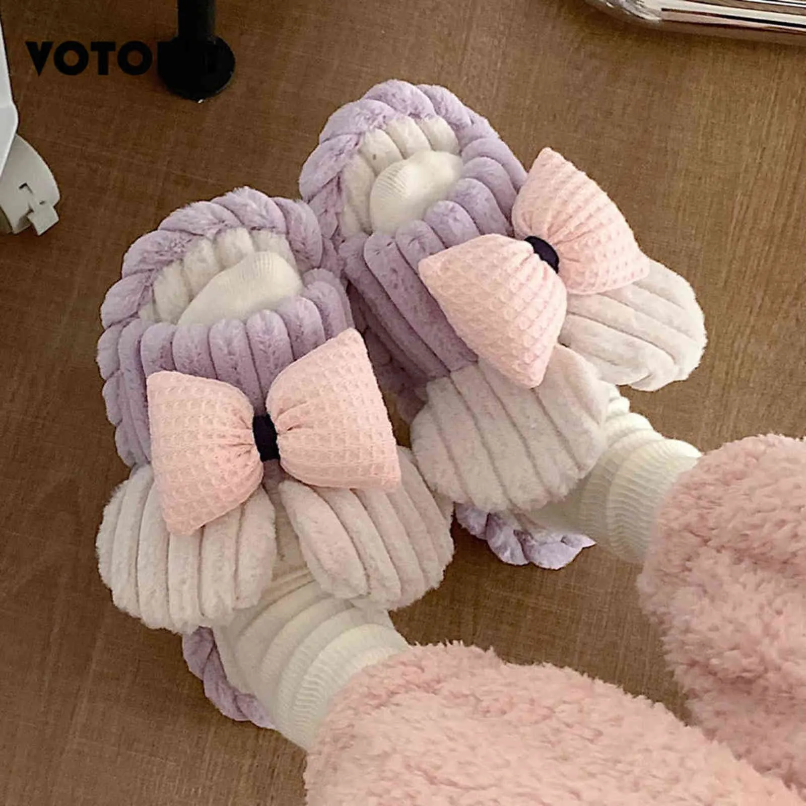 Winter Cartoon Cute Pluche Slippers Dames Butterfly-knoop Dia's Casual Antislip Flip Flop Girls Bowknot Home Flat Slaapkamer Schoenen H1122