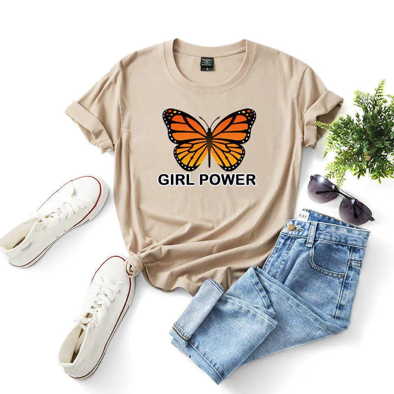 100% Cotton Summer Women T-shirt Casual Loose Short Sleeve Fashion Butterfly Printed Female Tees W694 210526