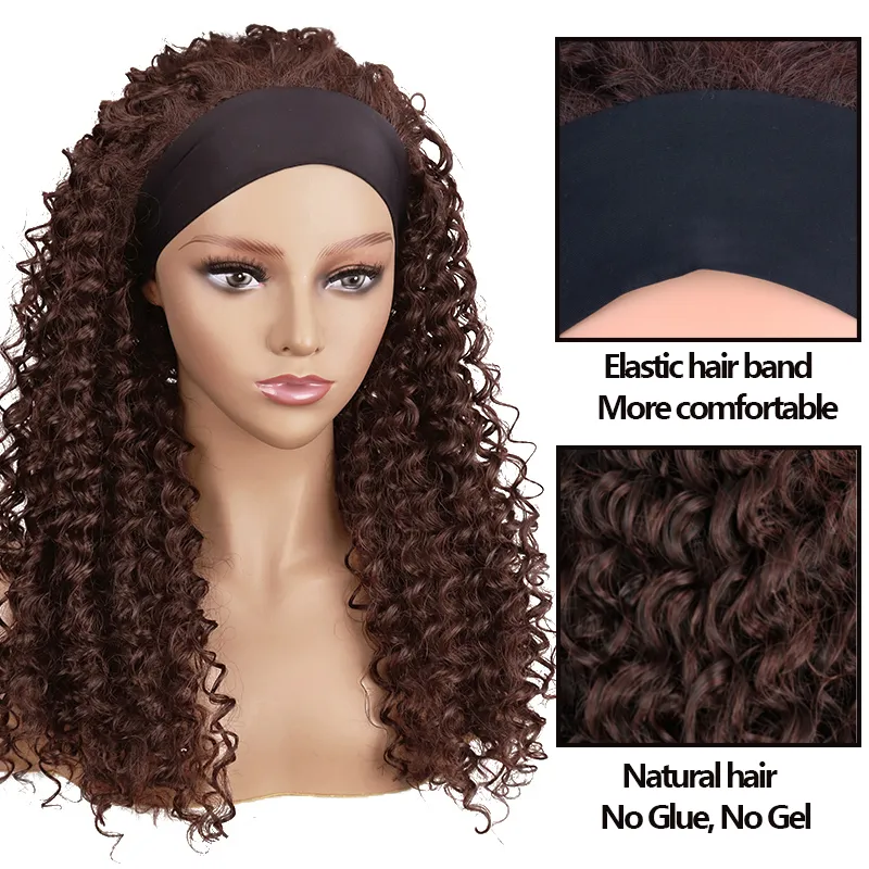 Afro Siyah Kadınlar İçin Uzun Kinky Kıvırcık Kafa Perukları 18 inç sentetik peruk Headbandfactory doğrudan
