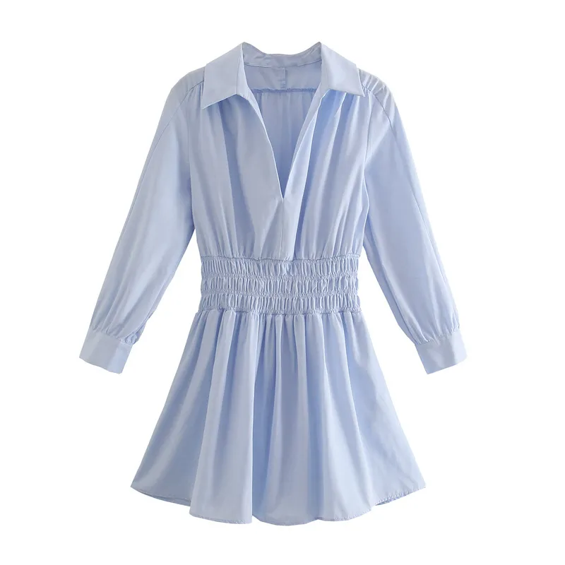 Summer Sky Blue Smocked Elastic Waist Party Dress Women Vintage Slim Out Going Woman Long Sleeve Collar Streetwear 210430