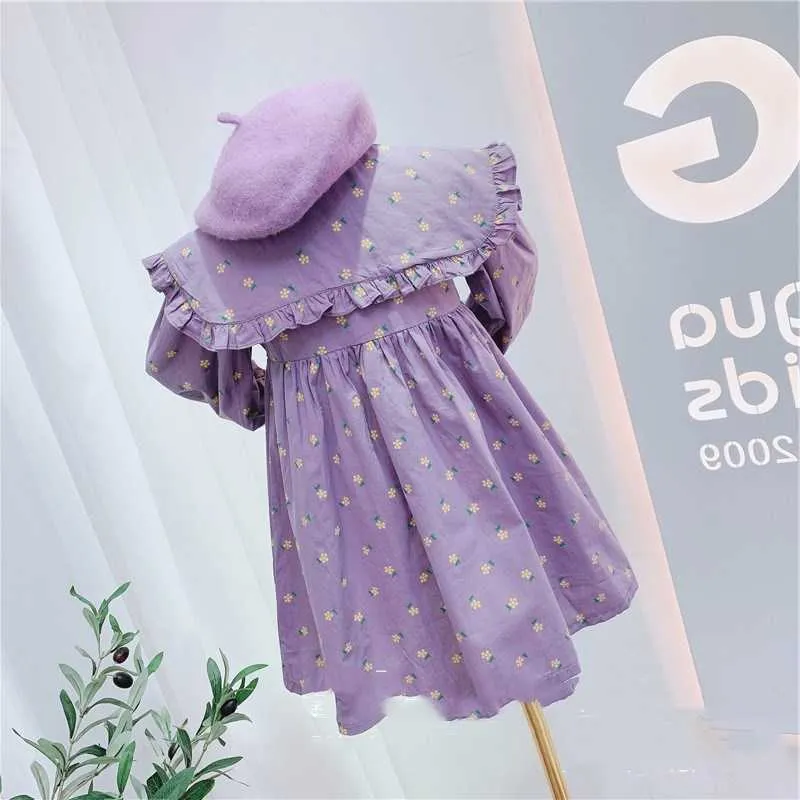 Sonbahar Kız Elbise Çocuk Giyim Bebek Çocuk Ülke Tarzı Floret Pileli Yaka Uzun Kollu Prenses 210625
