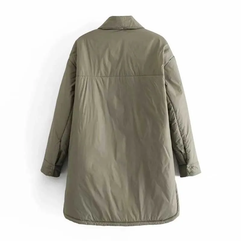 겨울 패션 도착 칼라 칼라 긴 소매 셔츠 코트 블랙 그린 여성 파카 포켓 Mujer 솔리드 ​​재킷 210914