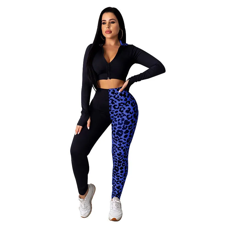 Sporty Leopard Patchwork Women Clothing Set Hooded Tops Stacked Joggers Pants Sweat Suit Tracksuit Two Piece Fitness Outfit 210525