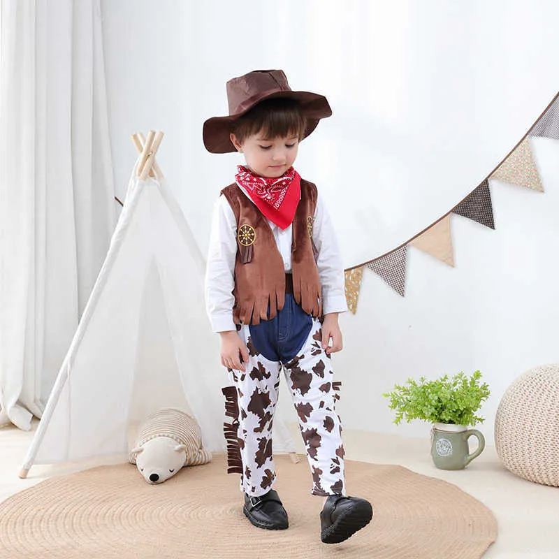 Fantastico set completo Baby Kids Cosplay Costume da cowboy Western Cowboy Halloween Compleanno Festa bambini Costumi Q0910