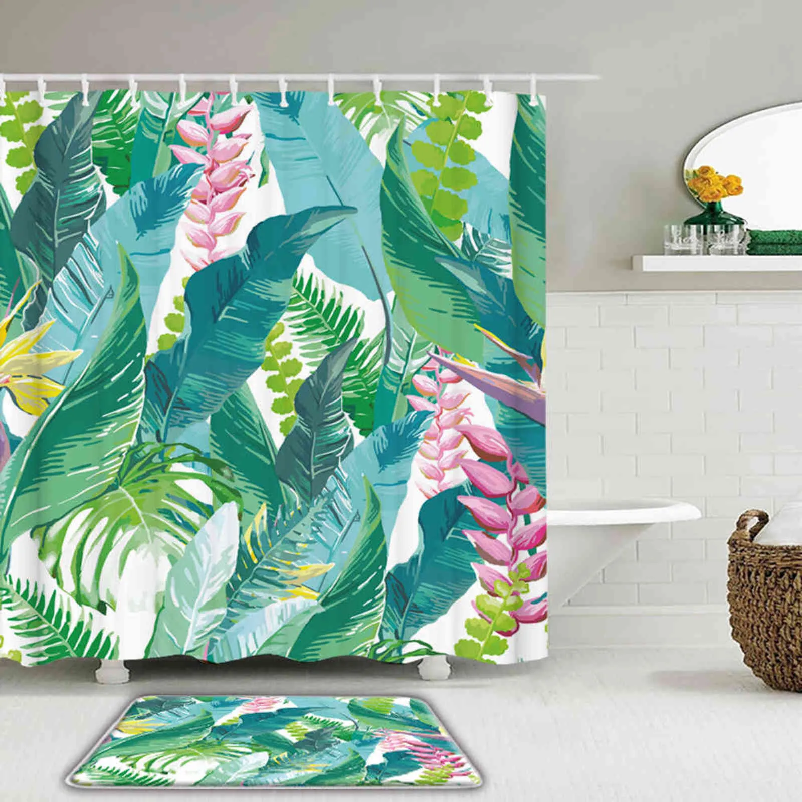 plantes vertes feuilles rideaux de douche ensemble salle de bain polyester imperméable avec rectangle tapis de sol antidérapant ensemble de rideau de bain 211116