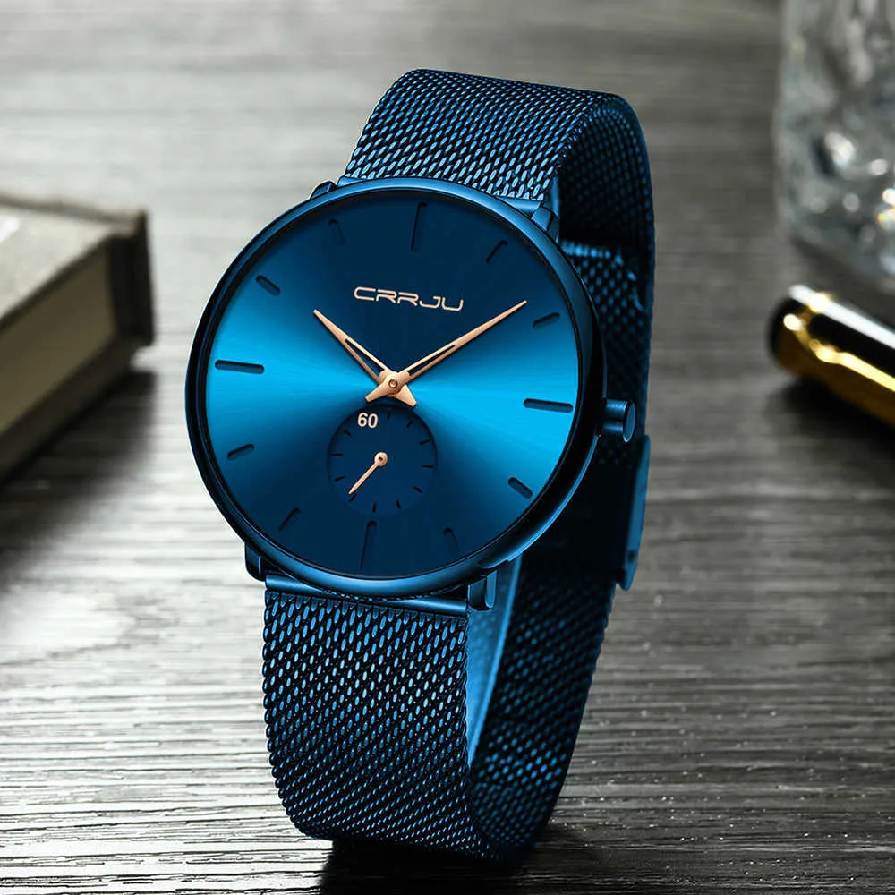 Reloj CRRJU a la moda azul para hombre, reloj de cuarzo ultrafino minimalista de marca de lujo, reloj informal resistente al agua, reloj Masculino X0625236W