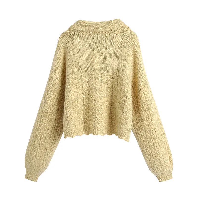 BLSQR Vintage Ribbed Trims Jacquard Crop Knitted Sweater Women Lapel Long Sleeve Female Pullovers Retro Jumper 210430