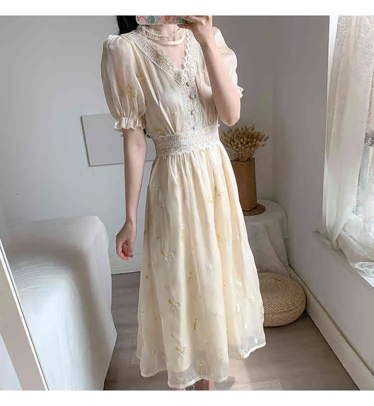 Women Retro Embroidery Floral Fairy Dress Vestido Summer Elegant Chiffon Short Sleeve High Waist Party Dresses Femme 210518