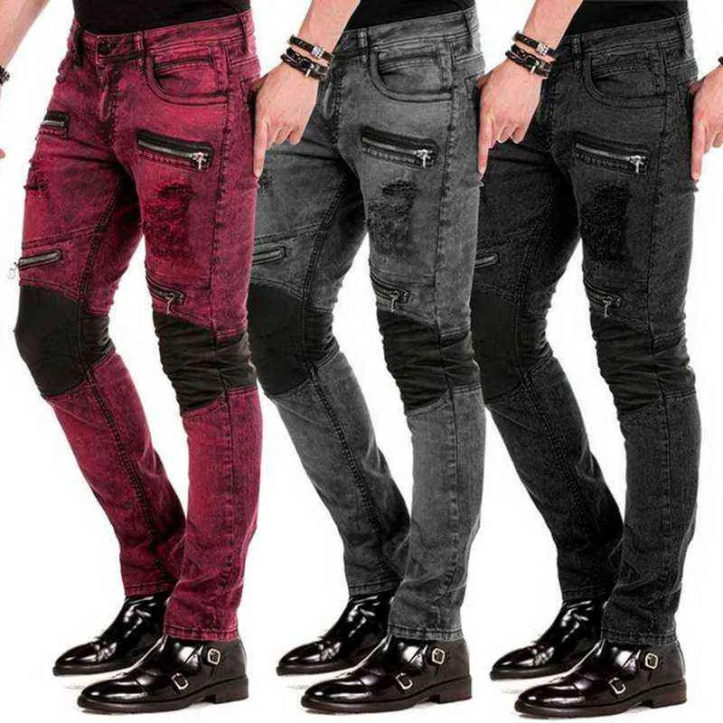 Jeans da uomo elasticizzati skinny cerniere finte jeans patchwork distrutti stile gotico pantaloni denim moda casual streetwear jeans biker 211103
