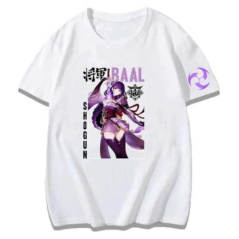 Genshin Impact Raiden Shogun Tシャツ女性カジュアル夏ティー女の子プラスサイズTシャツホワイトトップス半袖100％コットンシャツG220310