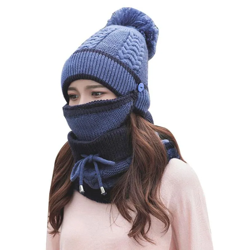 Feminino chapéu cachecol conjuntos de inverno boné máscara colar proteção facial meninas acessório de tempo frio bola de malha lã276t