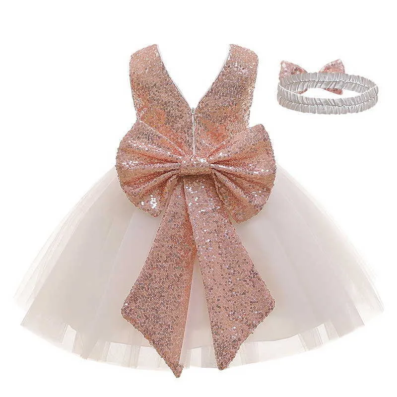 Bebek Elbise Kız Noel Sequins Yay Prenses ES Düğün için 1. Yıl Doğum Günü Küçük Giysiler E2764 210610