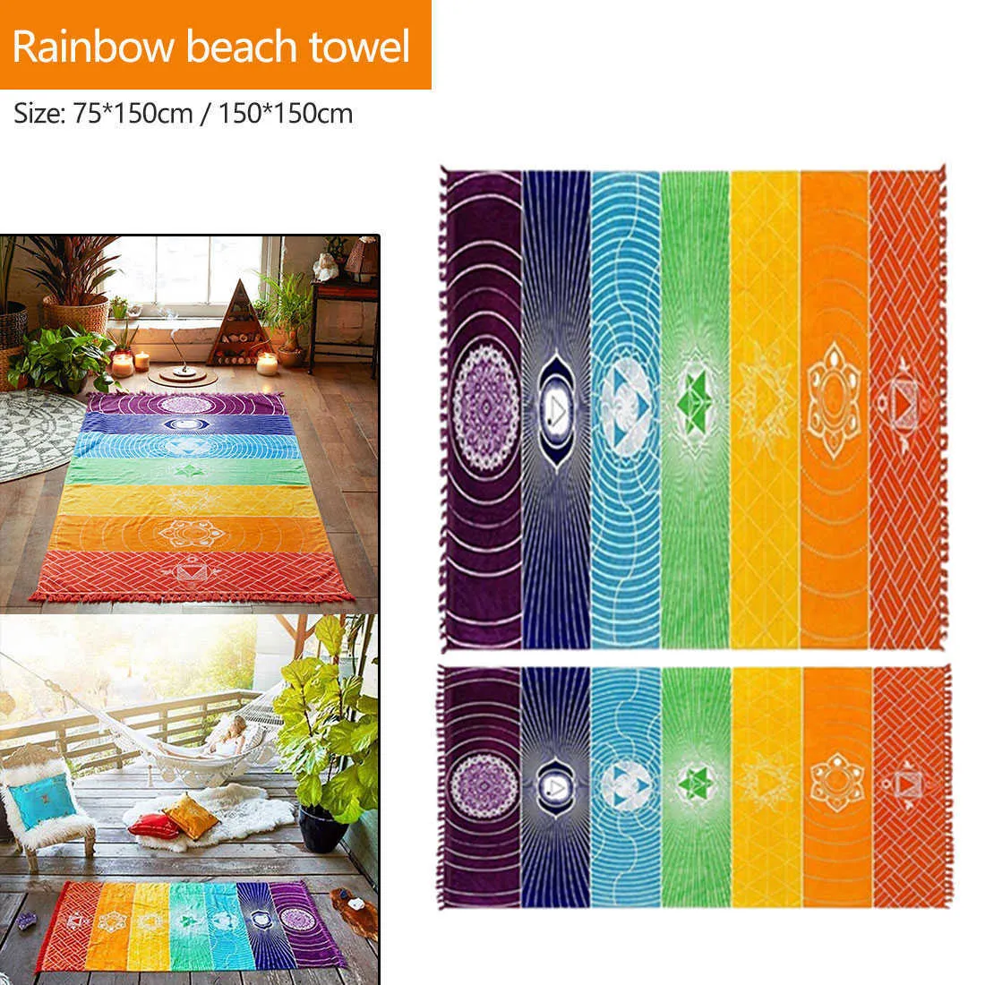 Mandala Indian Rainbow 7 Chakra Arazzo Appeso a parete Bohemian Beach Mat Poliestere Coperta sottile Yoga Scialle Mat Coperta 210727