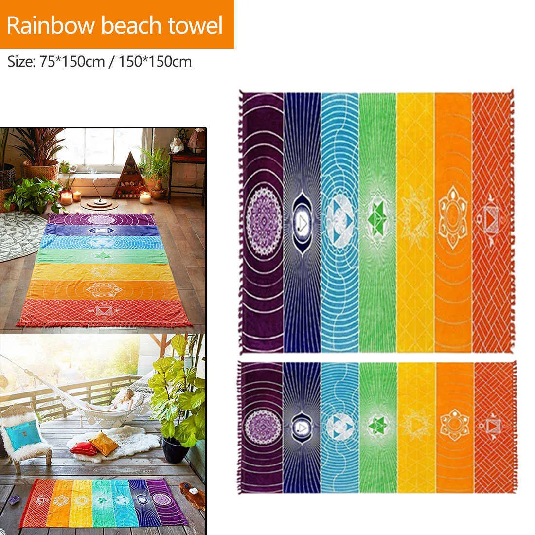 Mandala indien arc-en-ciel 7 chakra tapisserie tenture bohème plage tapis polyester mince couverture yoga châle tapis couverture 210727