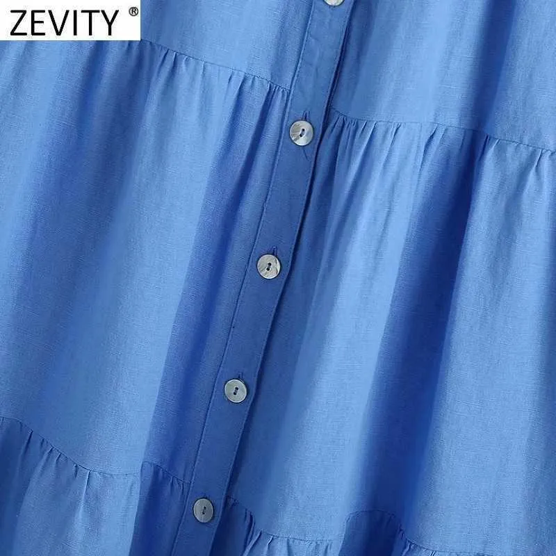 Zevity Womenファッション半袖ソリッドカラープリーツMIDIドレスプレーリー女性シックシングルブレストヴェストドシャツドレスDS8288 210603