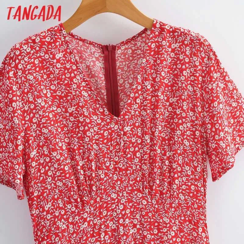 Tangada été rouge imprimé fleuri col en V robe à manches courtes dames longue robe Vestidos 1F123 210609