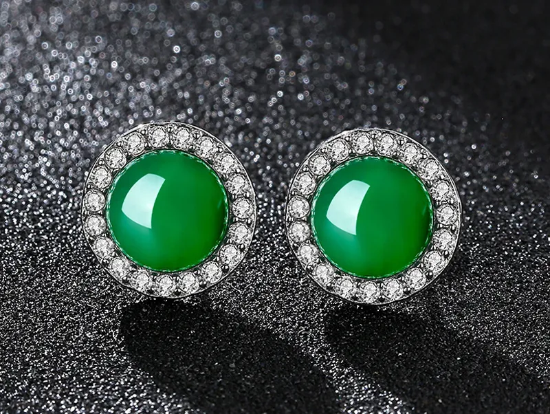 Yhamni Originele 925 Sliver Emerald Jade Sieraden Stud Oorbellen Natuurlijke Groene Agaat Chalcedony Gemstone Zirconia Diamond Earring EG7