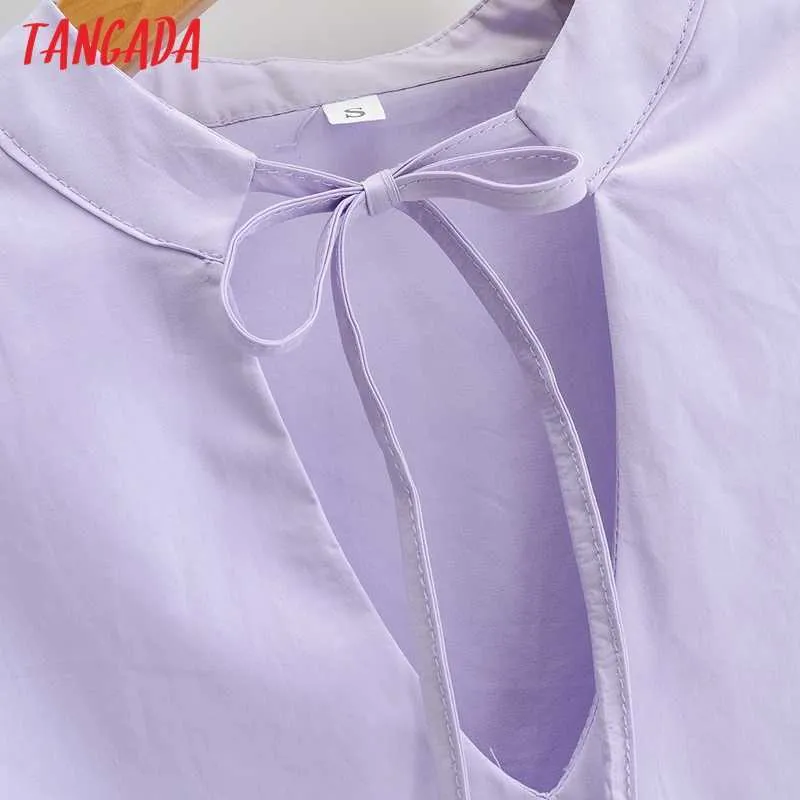 Tangada moda mujer vestido púrpura sólido llegada arco manga larga señoras cuello en V Mini vestido Vestidos SY49 210609
