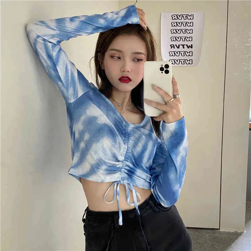 Mode Sexig Temperament V-Neck Tie-Dye Långärmad T-shirt Kvinnor Slim Drawstring Crop Top Clothing Tops Tees Wild 210429