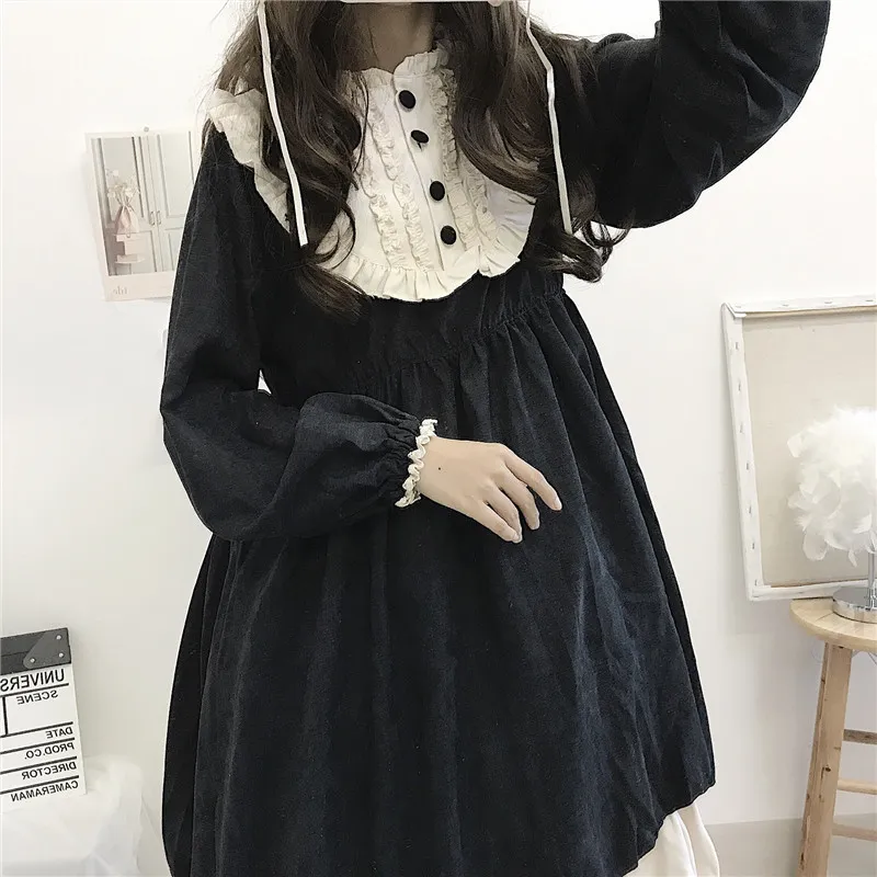Japon tarzı Sonbahar Kadın Elbiseleri O yaka yüksek bel zayıflama kontrast rengi fırfırlı tatlı lolita elbise Kawaii Giyim 220215