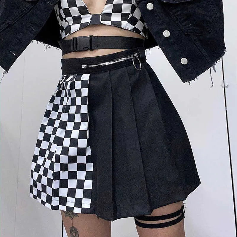 SUCHCUTE gothic high waist women pleated mini skirt patchwork ribbons A-line Skirts streetwear solid female party outfits 210621