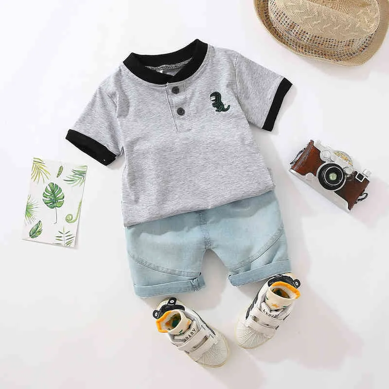 Sommer Junge Baby Kleidung Anzug Cartoon Dinosaurier Hemd Feste Denim Shorts 2 Stück Set kinder Kleidung Set Kostüme für kinder G220310