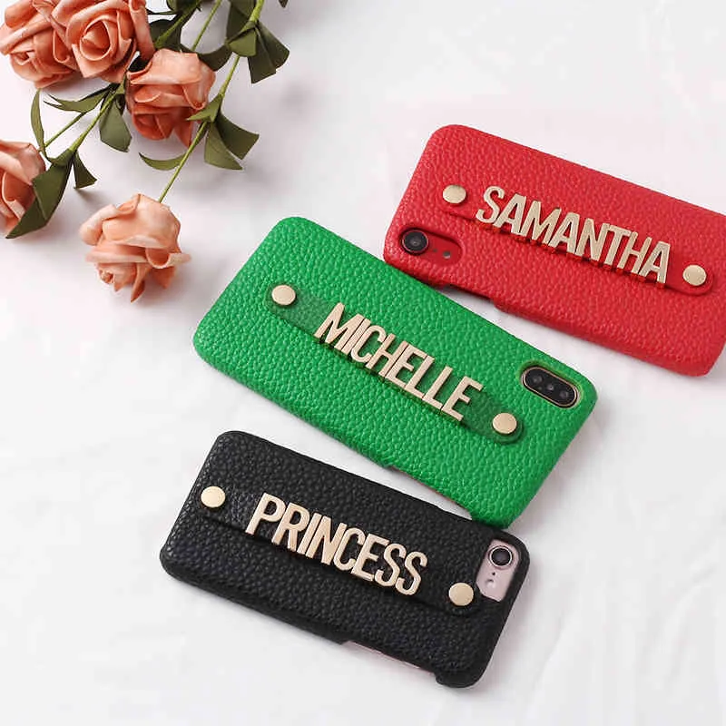 Holding Strap Metal Personalização Seu Nome Pebble Grão Couro Phone Case 12 11 PRO XS MAX XR 7 7PLUS 8 8PLUS X