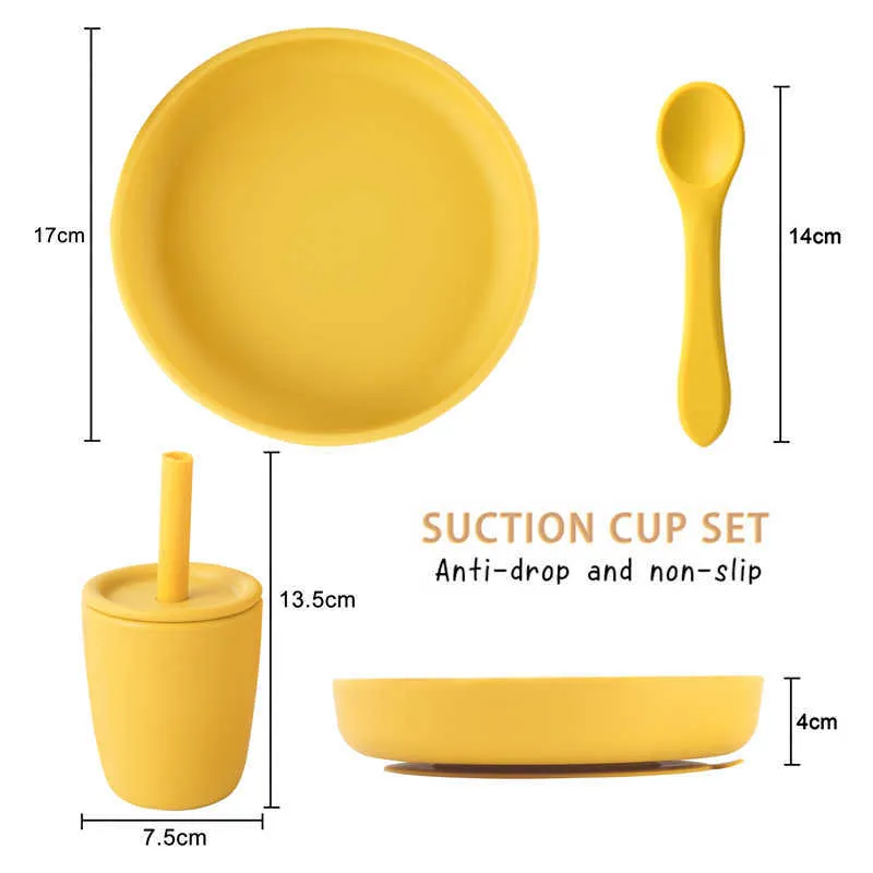 Klasa żywności Silikonowa jadalnia Karmienie Soild Platts Sucker Dishes Sippy Cup Butelka Wody Spoons Tableware 211026