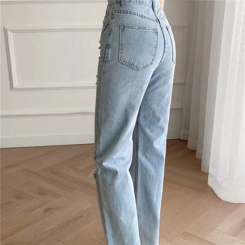 Casual Woman Light Blue Hole Jeans Spring Vintage Ladies High Waisted Bomull Denim Pants Girls Y2K Wide Leg Pant 210515