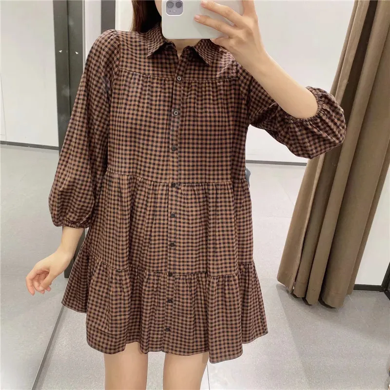 خمر gingham منقوشة البسيطة اللباس النساء الخريف الشتاء collared نفخة كم كشكش امرأة المتناثرة فضفاضة عارضة ES 210519