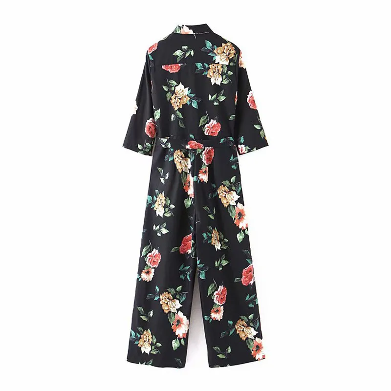 Women jumpsuit flower print black elegant rompers turn down collar long pants ladies overalls jumpsuits 210430