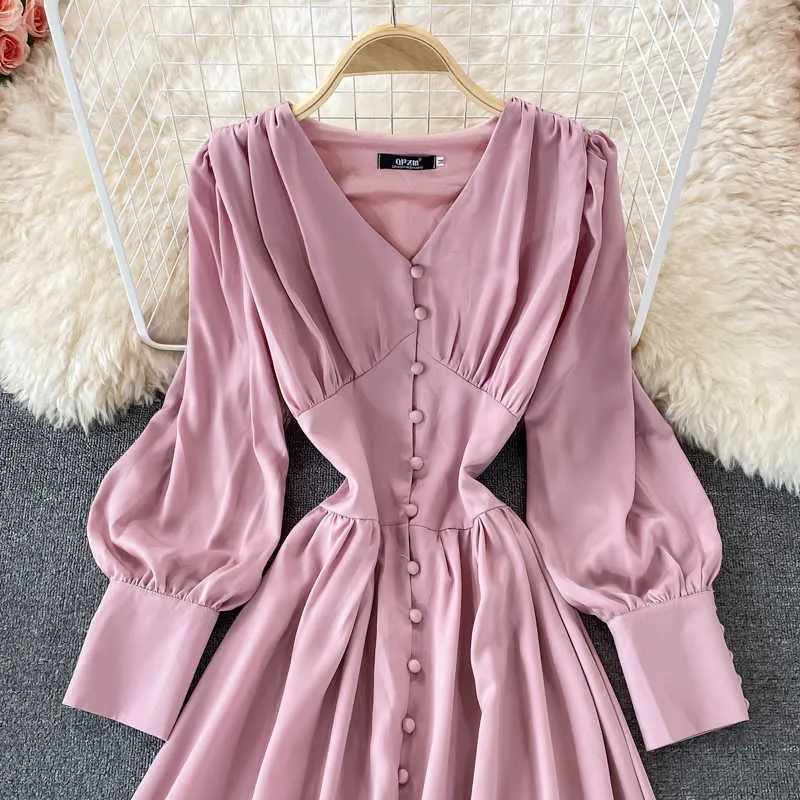 Vintage Pink/White Single Breasted Long Dress Women Summer Elegant V-Neck Lantern Sleeve High Waist Party Vestidos Spring Autumn Y0603