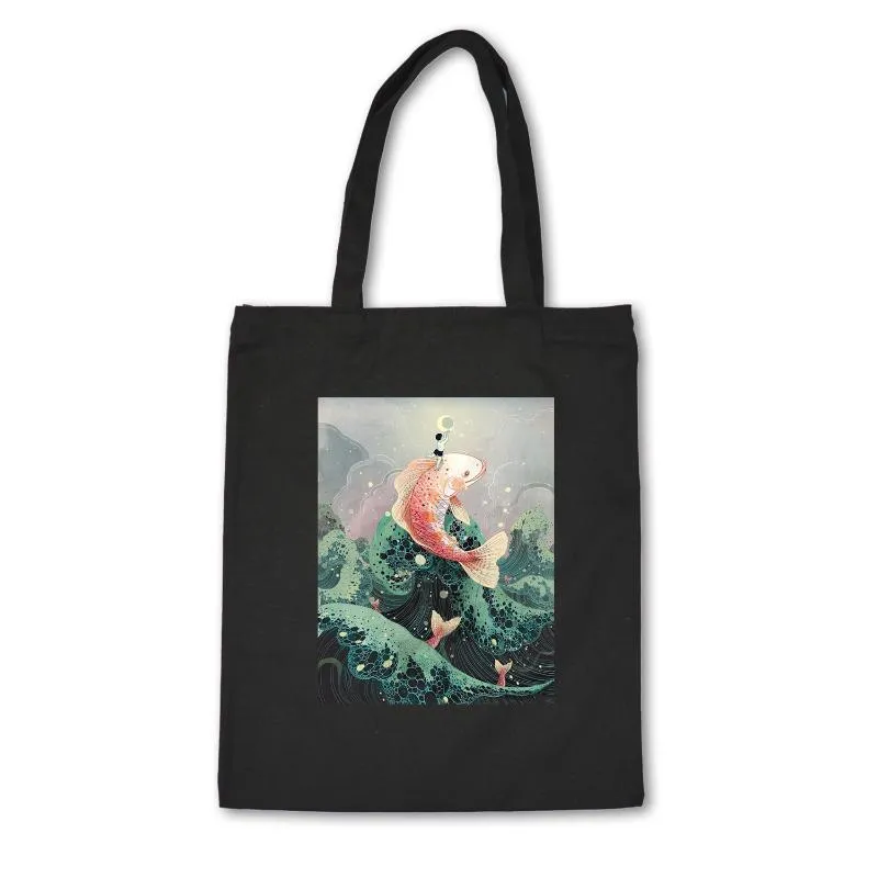 Alışveriş Çantaları Japon tarzı tuval torbası pamuklu yüksek kaliteli siyah unisex el çantası balık baskısı özel kumaş bolsa de mano216i