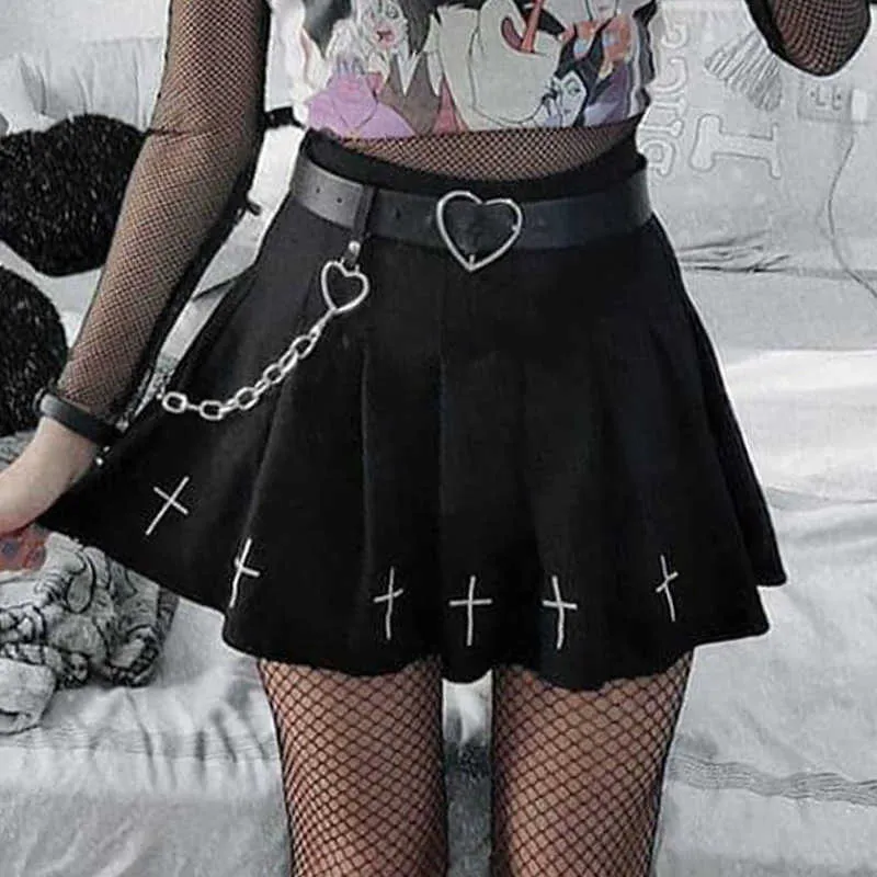 Svart punk mini kjol Streetwear Hög midja harajuku rock kvinnor s pläterad kostym för goth tjej 210708