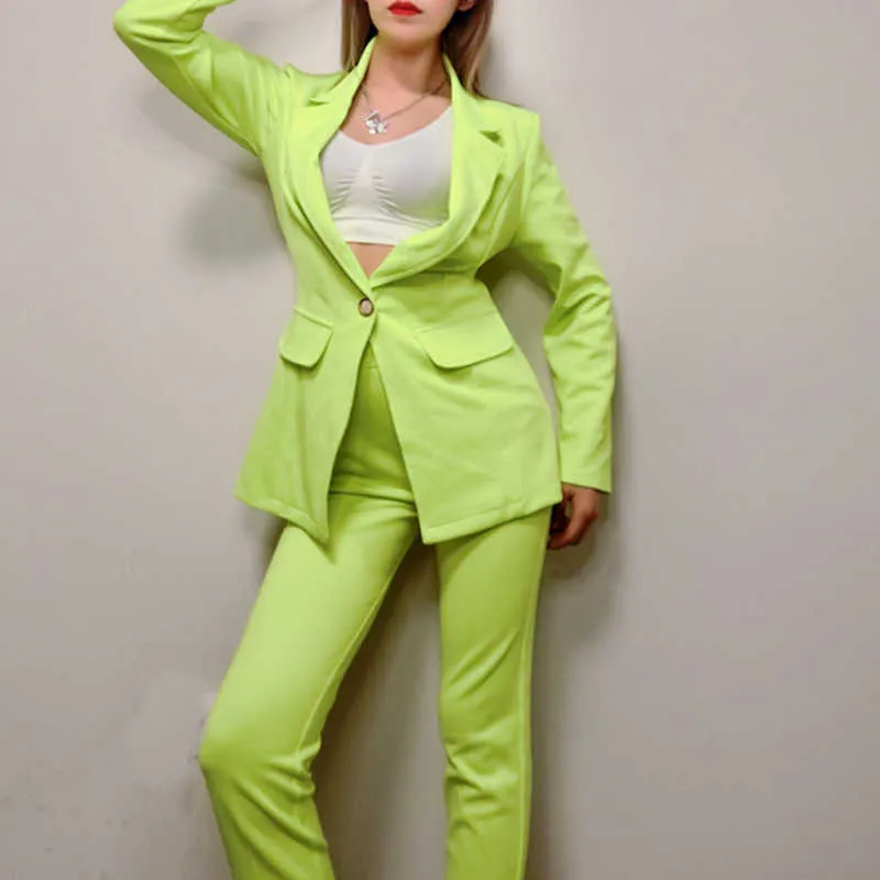 [DEAT]春のファッション長袖シングルボタングリーンブレザーハイウエストパンツ女性ツーピーススーツ13Q262 210527
