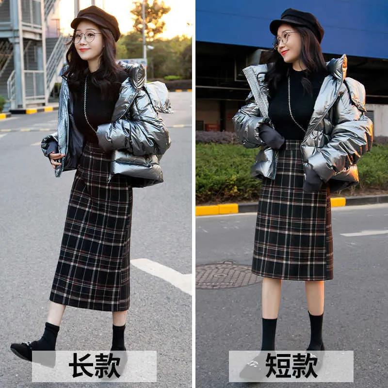 Plus Size High Waist Midi Long Wool Plaid Skirt For Women Winter Warm Elegant Office Lady Vintage Autumn Maxi s 210629