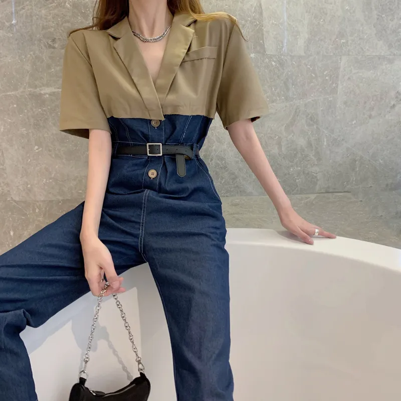 Summer Women Denim Overalls Fashion Patchwork Jumpsuits Women Office OL Notched Rompers Jeans Female Casual Long Trousers 210518