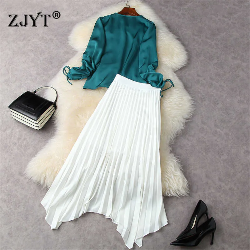 Spring Fashion Runway Designer Office Lady Outfits Elegant V Neck Blouse and Pleated Skirt Suit Matching Sets 210601