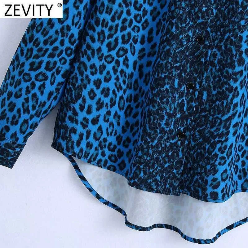 ZEVITY Kadınlar Vintage Leopar Baskı Göğüslü Smock Bluz Kadın Uzun Kollu İş Kimono Gömlek Chic Blusas Tops LS7657 210603