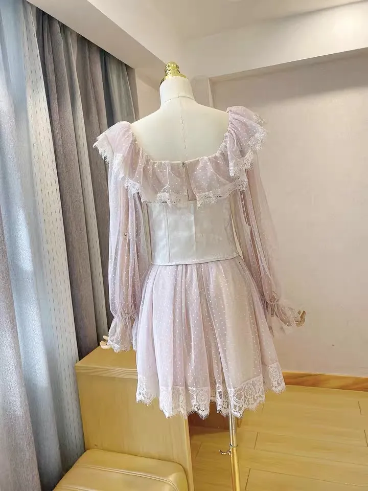 Vintage volants maille A-ligne mini robe rose haute wasit mince à manches longues douce mignonne jeune femme robes pour la fête Lolita za 210421