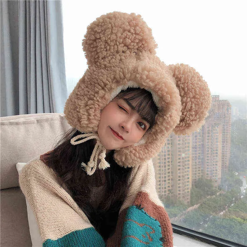 Femmes hiver épaissir peluche chaud oreillette chapeau mignon ours oreilles coupe-vent bonnet avec cordon mentonnière 211228