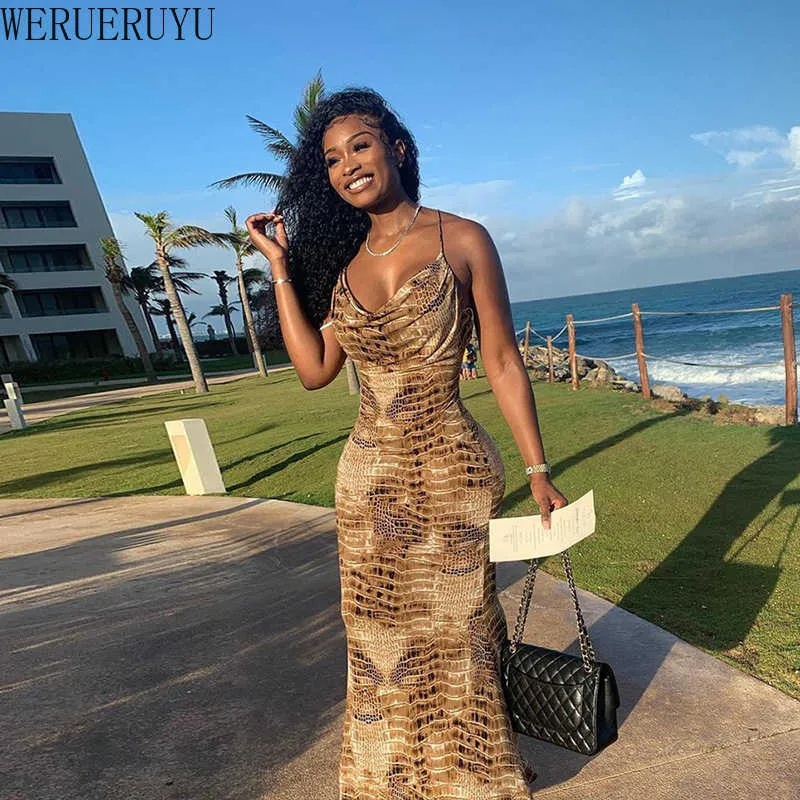 WERUERUYU Serpentine Print Maxi Dress Women Sexy V-Neck Bodycon Mermaid Gown Female Waist Shaping Summer 210608