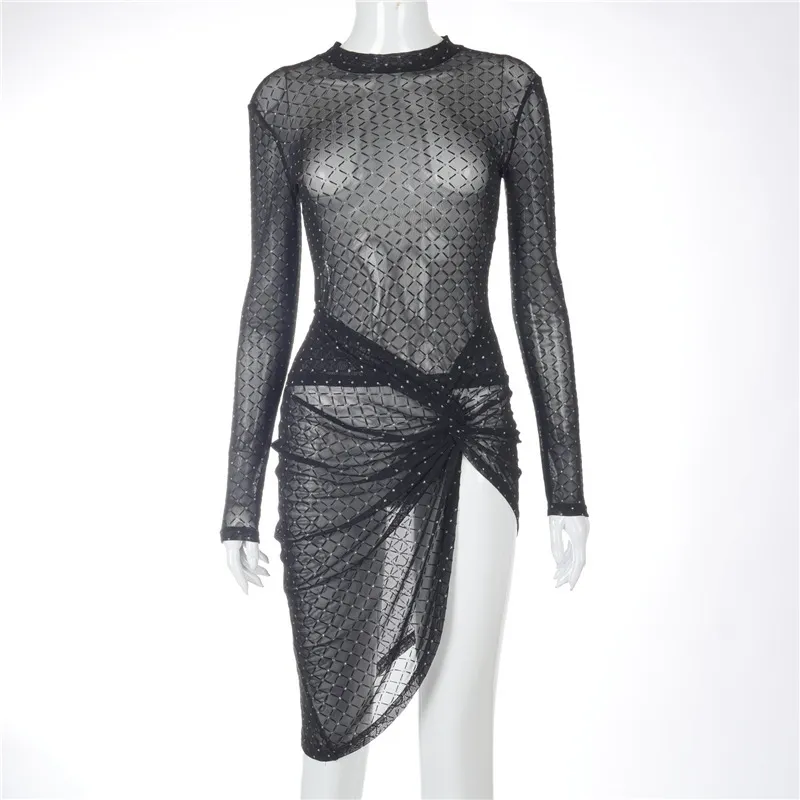 Fashion Club Party Sexy Slim Dress Black Casual Printed Long Sleeve See-through Split Irregular Folds Bandage Women Vestidos 210517