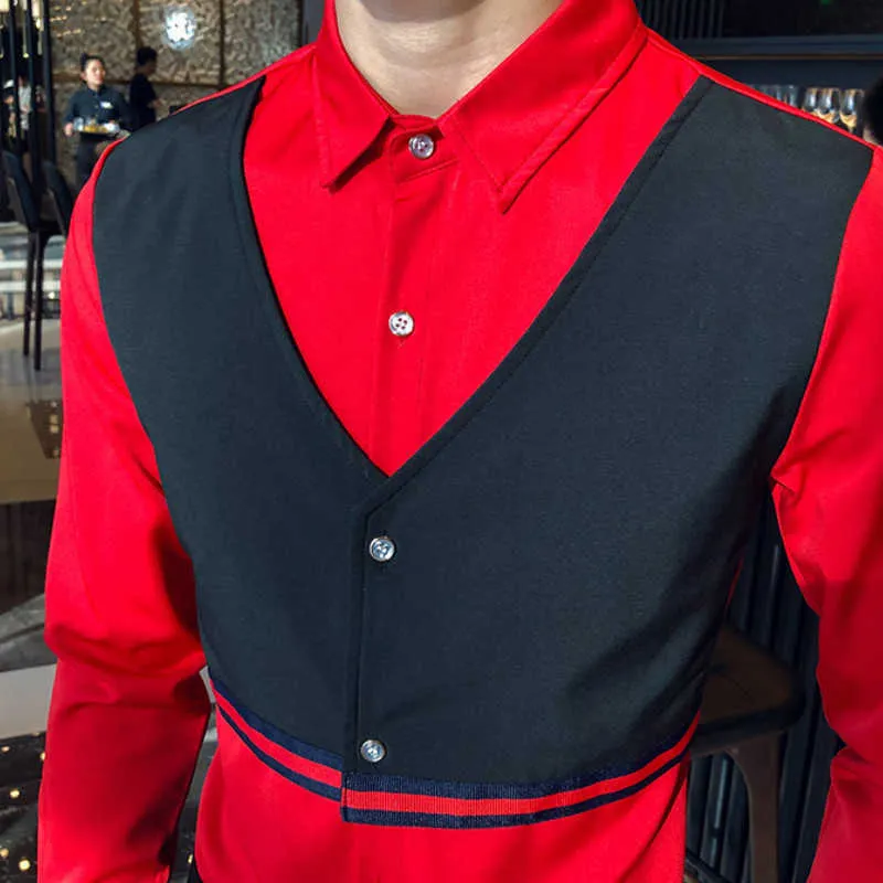 フォール偽ツーピース男性シャツ長袖トレンドワークウェアシャツスリムフィットストリートウェアニュール服カミサスパラホームブルS-5XL 210527