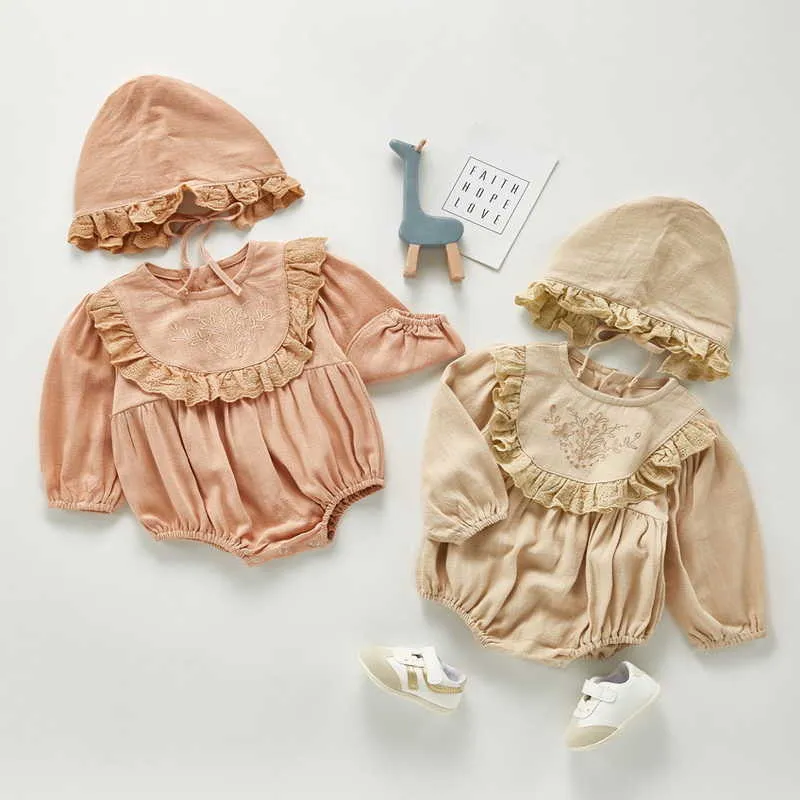 Wiosna Baby Girls Body Długie Rękawy Ruffles Collar Kombinezon z Cap Born Cute Style Kids Clothes E06 210610